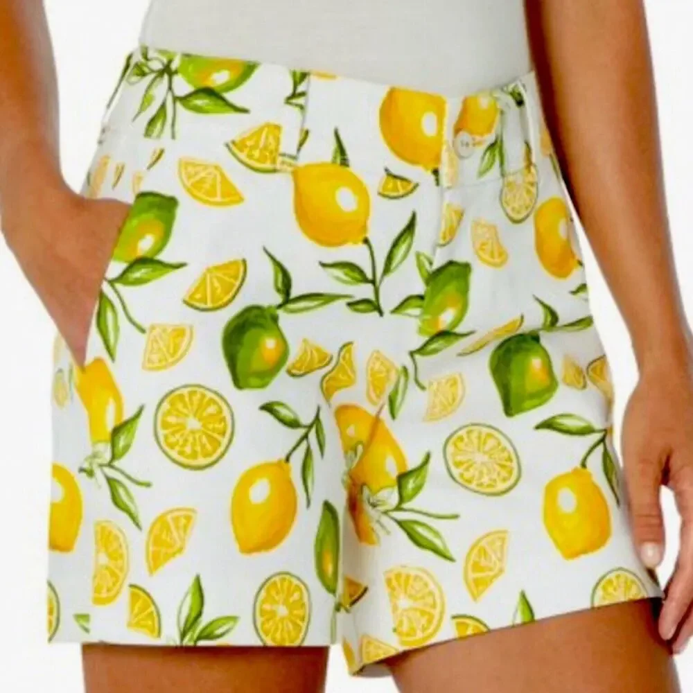 Isaac Mizrahi Tailored Shorts Women Sz 10 Lemon Lime Print Chino Flat Front NWT